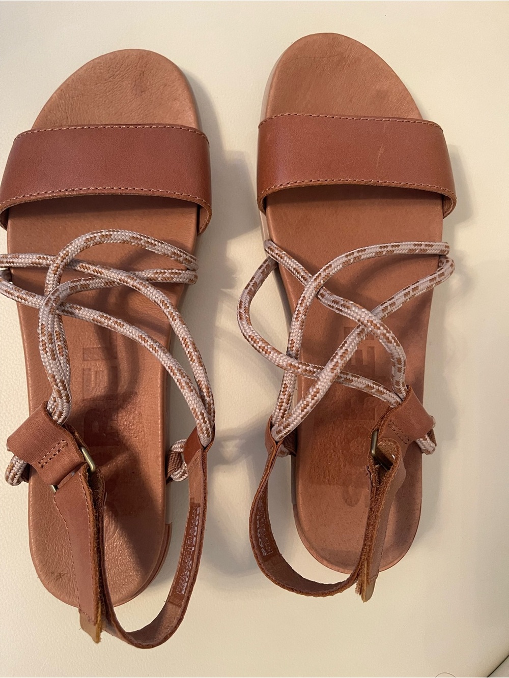Sorel Brown Leather Slide Sandals with Patterned Lace-Up Straps